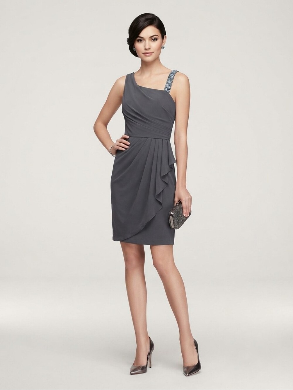 NEW Charcoal Embellished Strap One-Shoulder Cocktail Dress Size 6